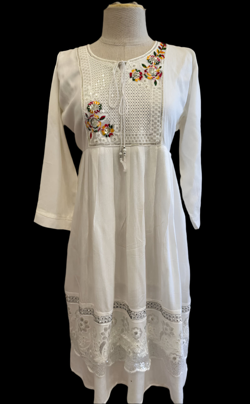 Women's White with Multi-Color Embroidery Sequin Midi Dress