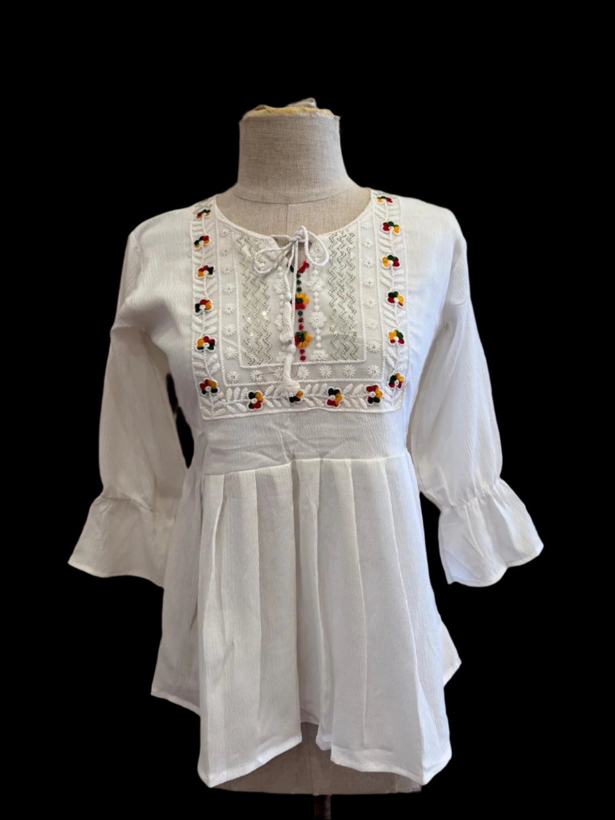 White Crinkle Cotton Colorful Embroidery Tunic
