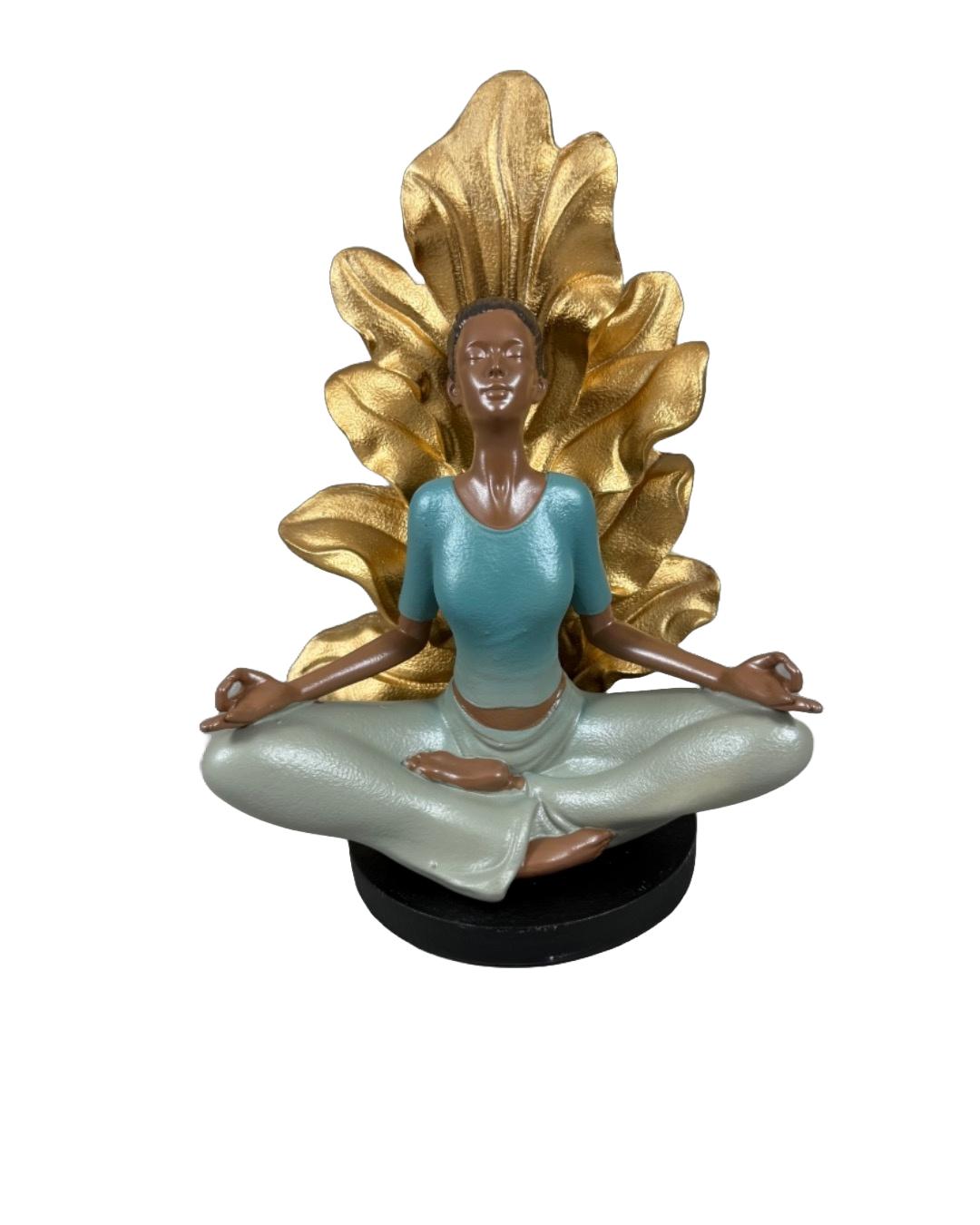 Serene Yoga Lady Figurine with Golden Leaf Backdrop