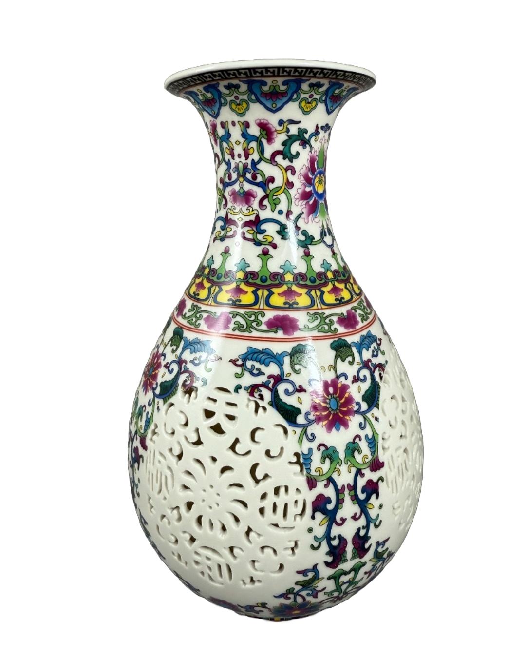 Handcrafted Oriental Porcelain Vase with Floral and Lattice Design
