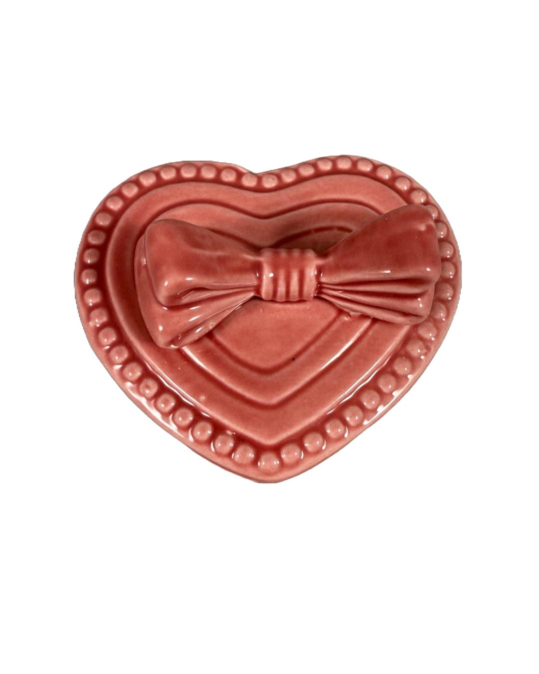 Vintage-Style Pink Heart Trinket Box with Bow Lid – Ceramic Jewelry Holder