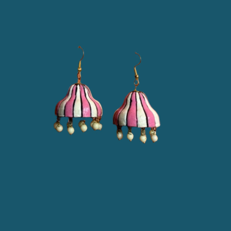 ✨ Handcrafted Terracotta Striped Jhumka Earrings – Ethnic Dome Design with Beaded Danglers ✨