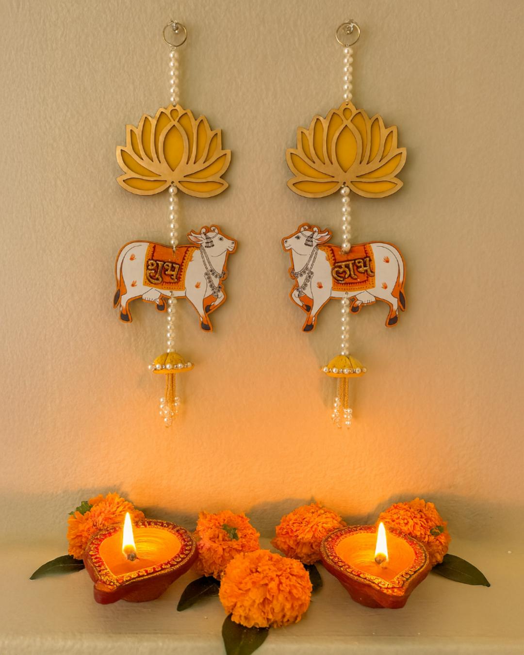 Shubh Labh Hanging Wall Decor with Cow & Lotus Design – Pair of Traditional Indian Door/Wall Hangings