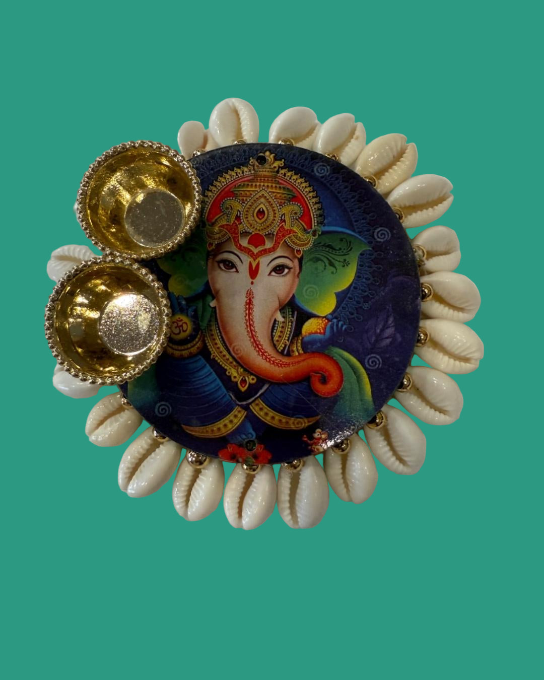 Lord Ganesha Decorative Pooja Thali with Cowrie Shell & Golden Bowls