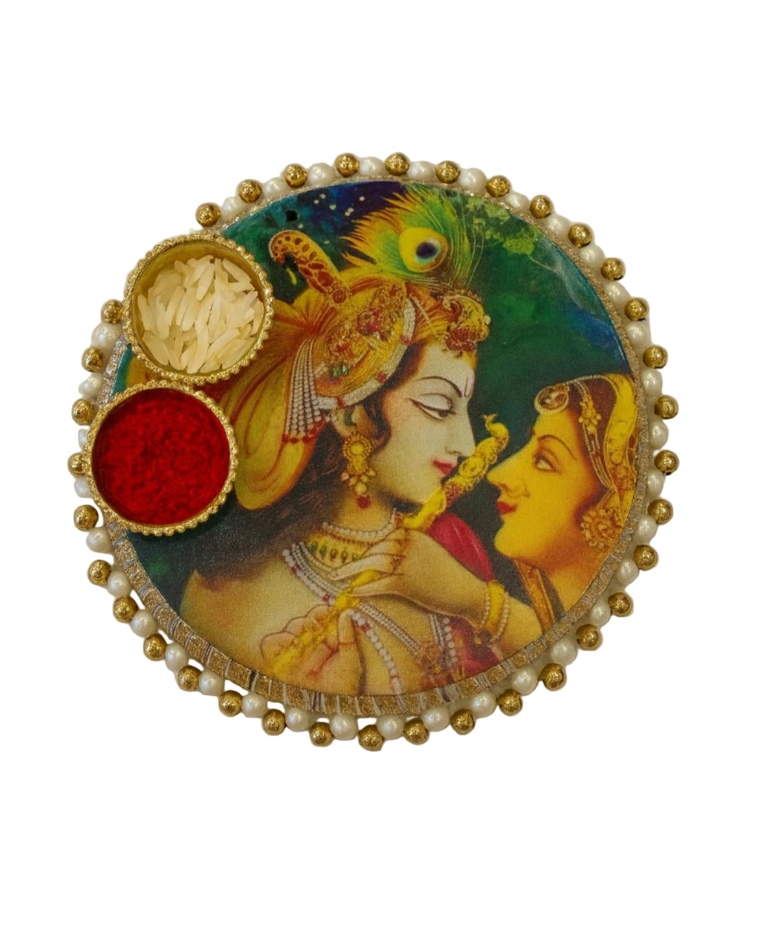 Radha Krishna Decorative Pooja Thali with Kumkum & Rice Holders