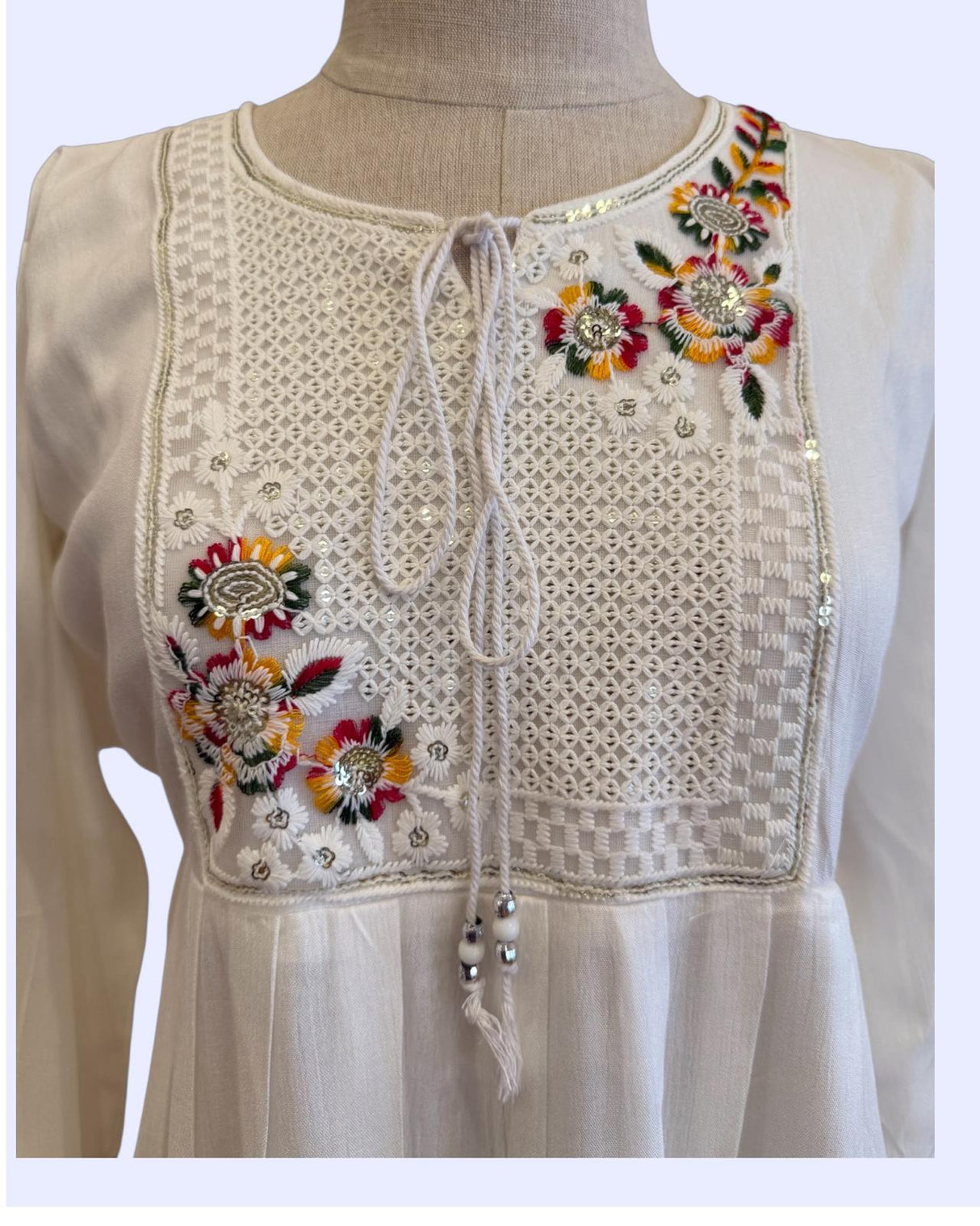 Women's White with Multi-Color Embroidery Sequin Midi Dress