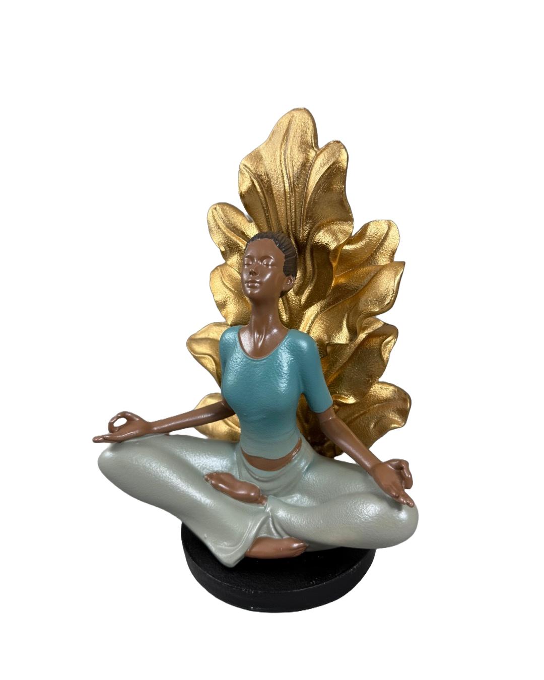 Serene Yoga Lady Figurine with Golden Leaf Backdrop