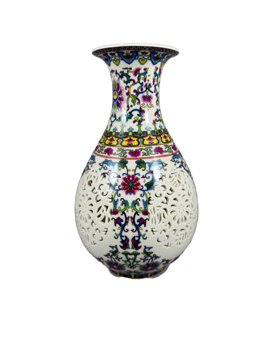 Handcrafted Oriental Porcelain Vase with Floral and Lattice Design
