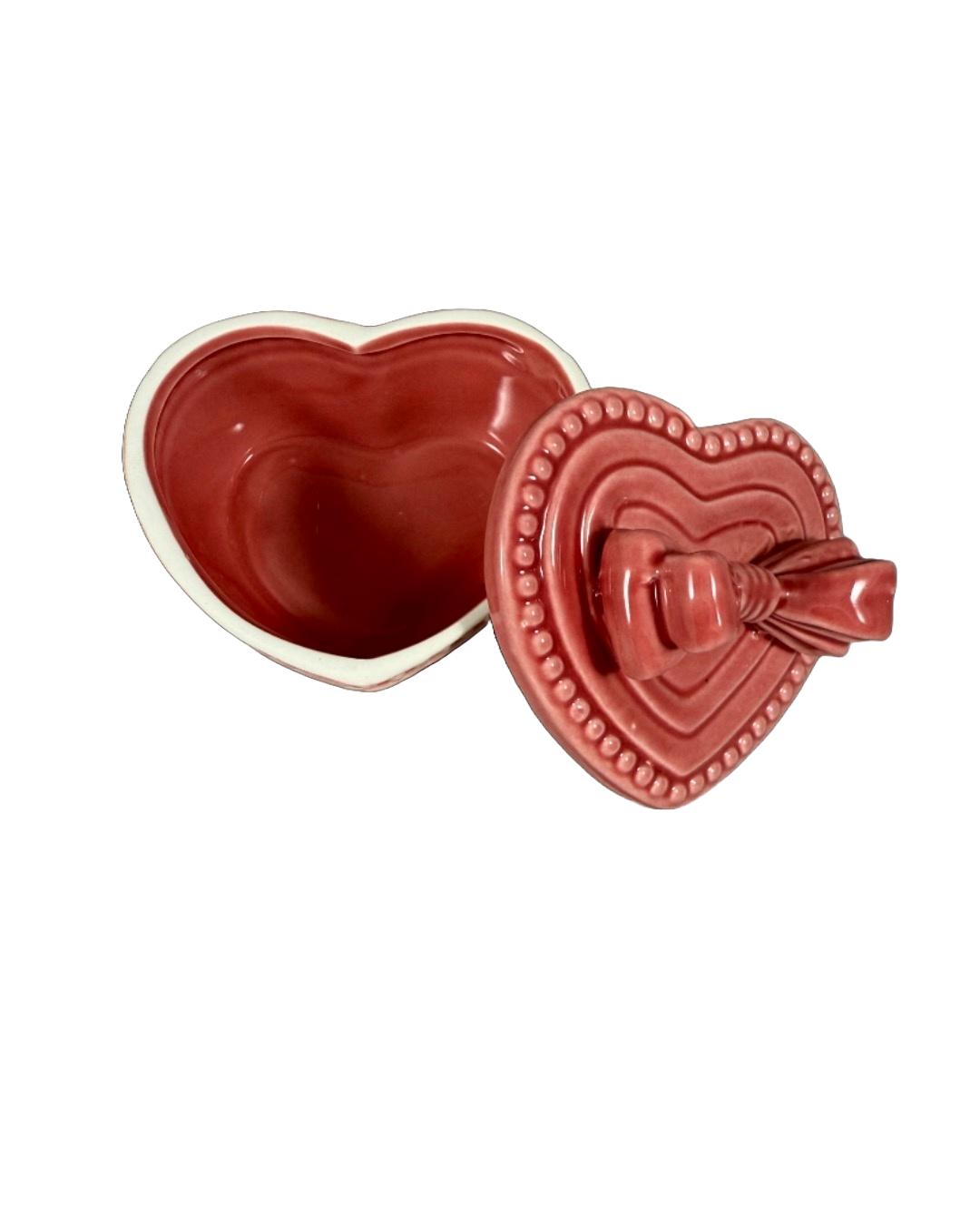 Vintage-Style Pink Heart Trinket Box with Bow Lid – Ceramic Jewelry Holder