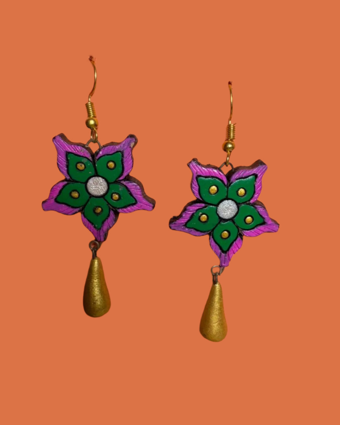 Handcrafted Floral Drop Earrings – Pink, Green & Gold