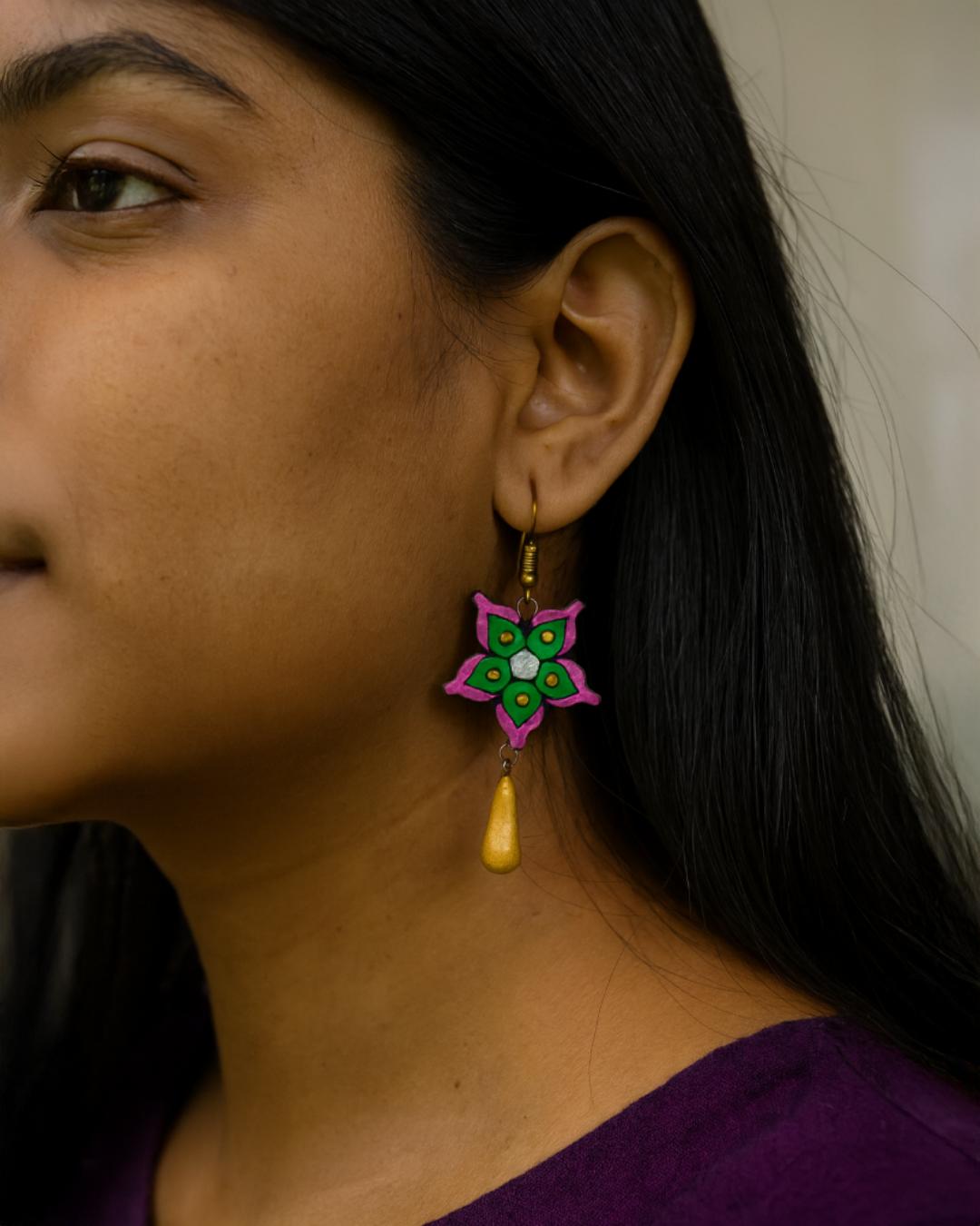 Handcrafted Floral Drop Earrings – Pink, Green & Gold