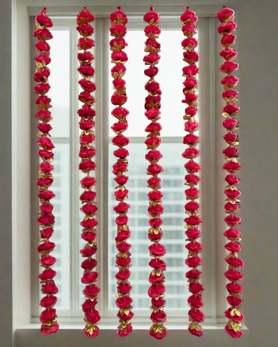 Artificial Red & Gold Floral Garland – Elegant Hanging String Décor