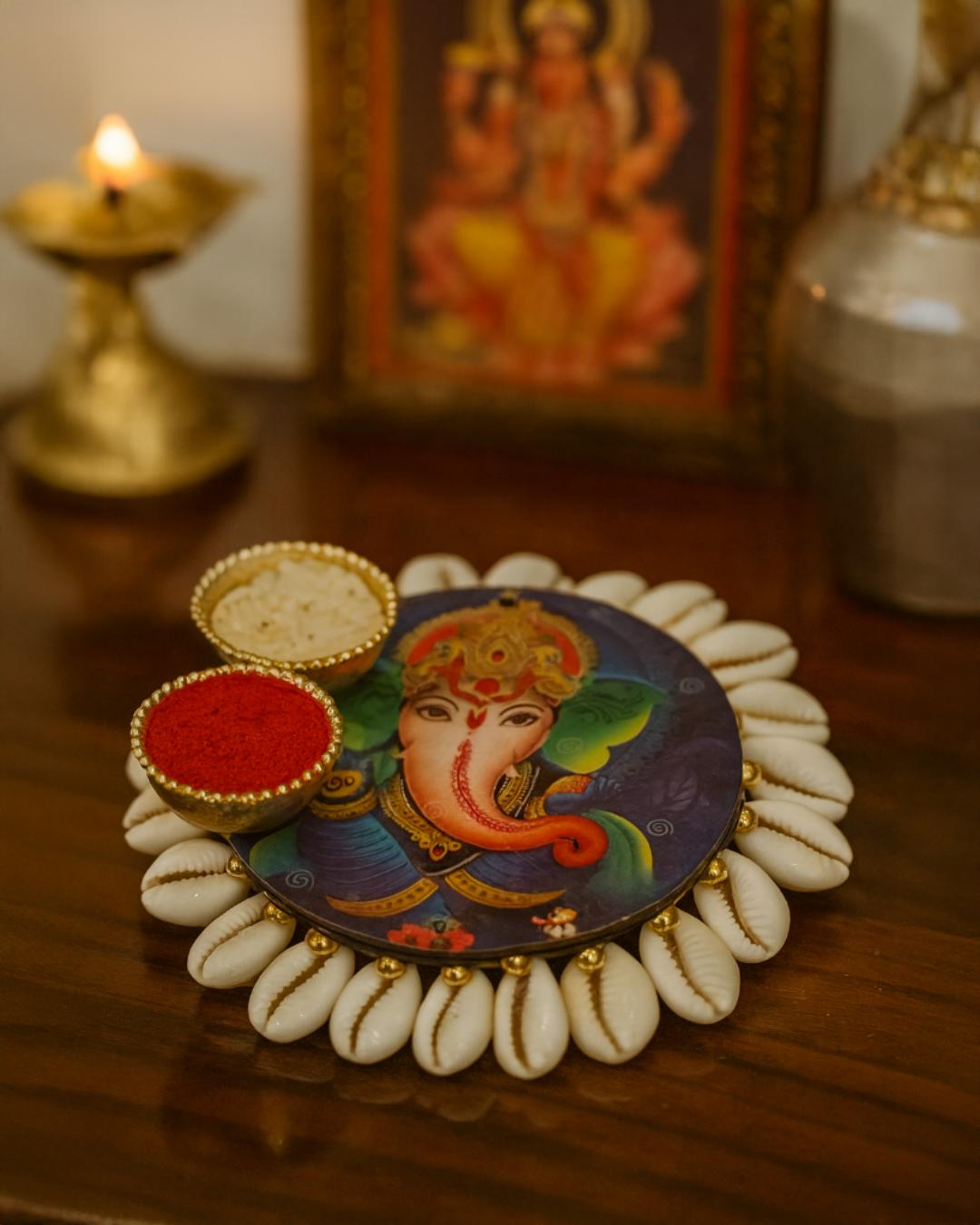 Lord Ganesha Decorative Pooja Thali with Cowrie Shell & Golden Bowls