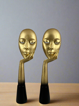 Modern Abstract Face Statue – Gold Mask Resting on Hand (Set of 2)