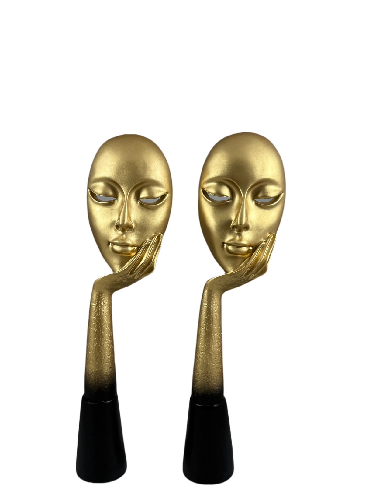 Modern Abstract Face Statue – Gold Mask Resting on Hand (Set of 2)