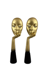 Modern Abstract Face Statue – Gold Mask Resting on Hand (Set of 2)