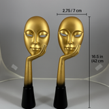 Modern Abstract Face Statue – Gold Mask Resting on Hand (Set of 2)