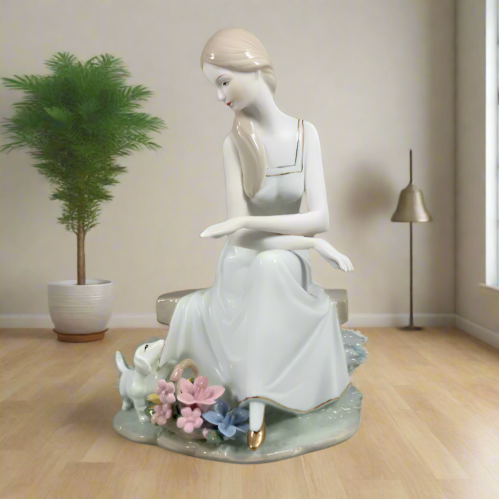 Charming Porcelain Figurine: Girl with Puppy and Flowers