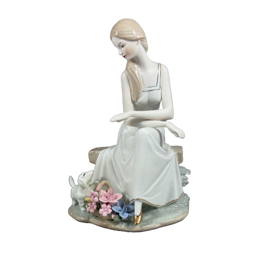 Charming Porcelain Figurine: Girl with Puppy and Flowers