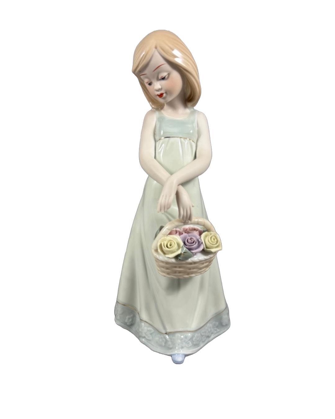 Elegant Porcelain Girl Figurine With Floral  Basket