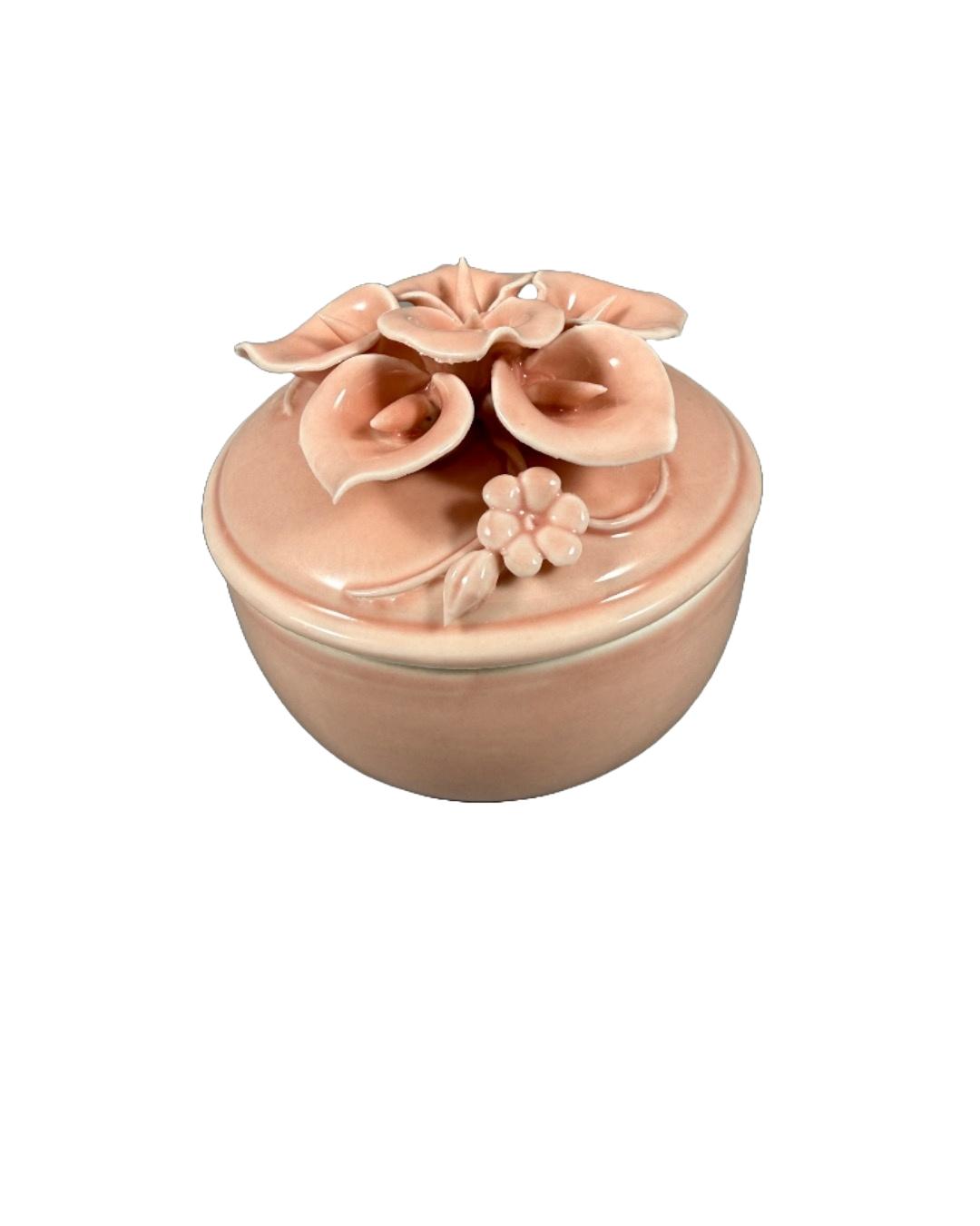 Vintage Pink Ceramic Trinket Box with Floral Lid