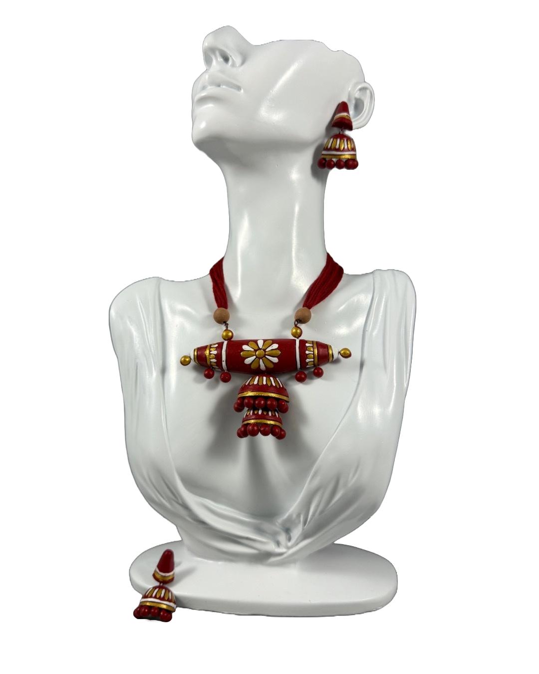 Handcrafted Terracotta Jewelry Set – Red And Gold Floral Design