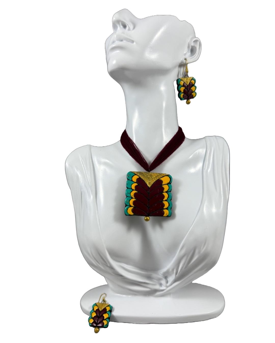 Handcrafted Terracotta Necklace & Earring Set – Maroon, Teal & Mustard