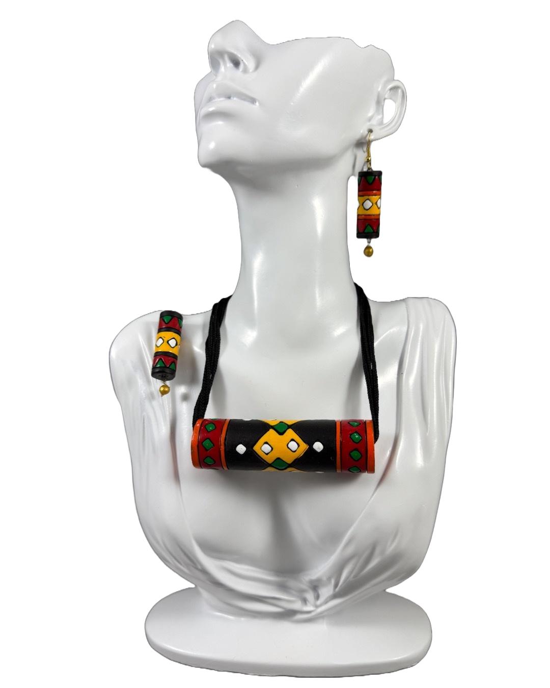 Handcrafted Geometric Delight: Terracotta Necklace & Earring Set