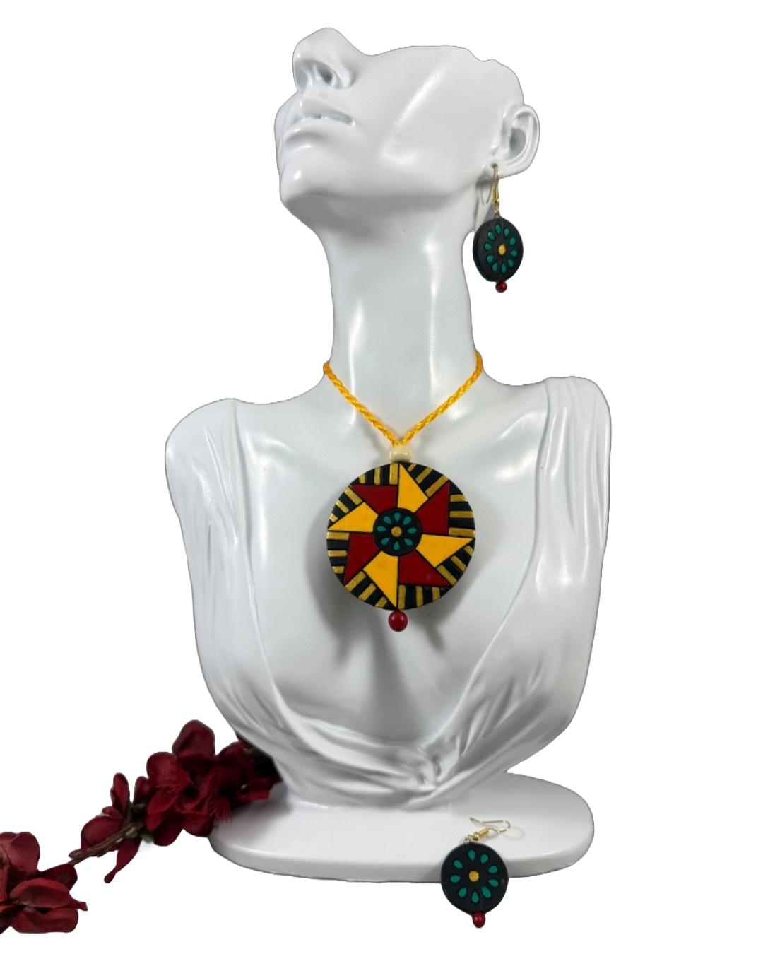 Handcrafted Terracotta Necklace & Earring Set – Tribal Mandala Design