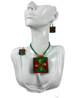 Hand-Painted Terracotta Jewelry Set – Square Floral Pendant with Matching Earring