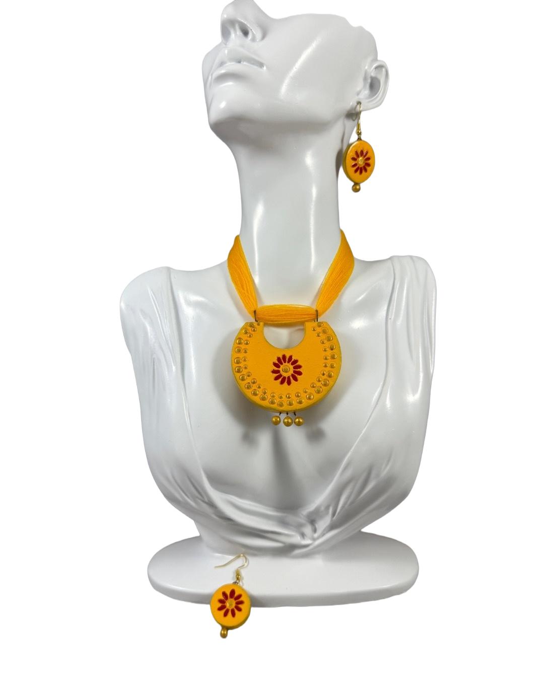 Handcrafted Yellow Terracotta Necklace and Earring Set