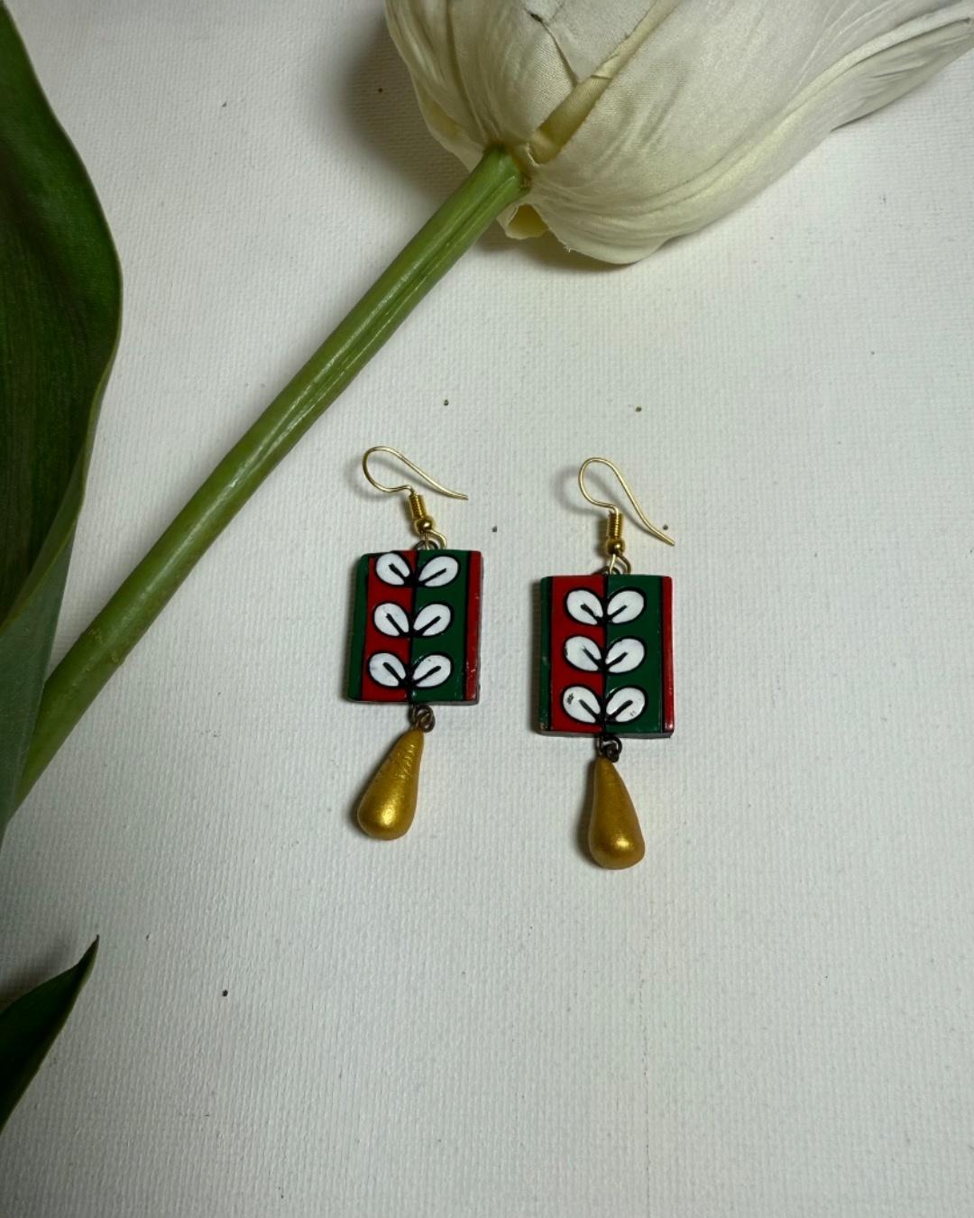 Hand-Painted Rectangular Earrings with Golden Drop Bead