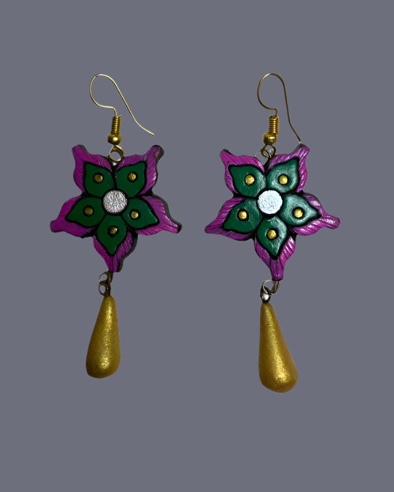 Handcrafted Floral Drop Earrings – Pink, Green & Gold
