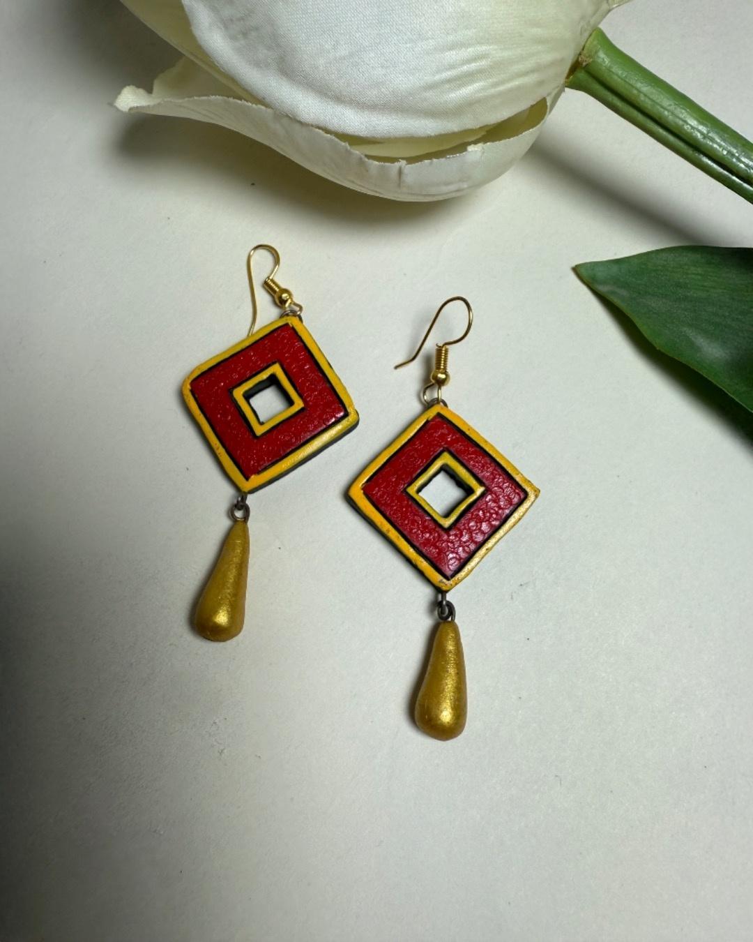 Geometric Blue & Gold Dangle Earrings-Handmade Terracotta