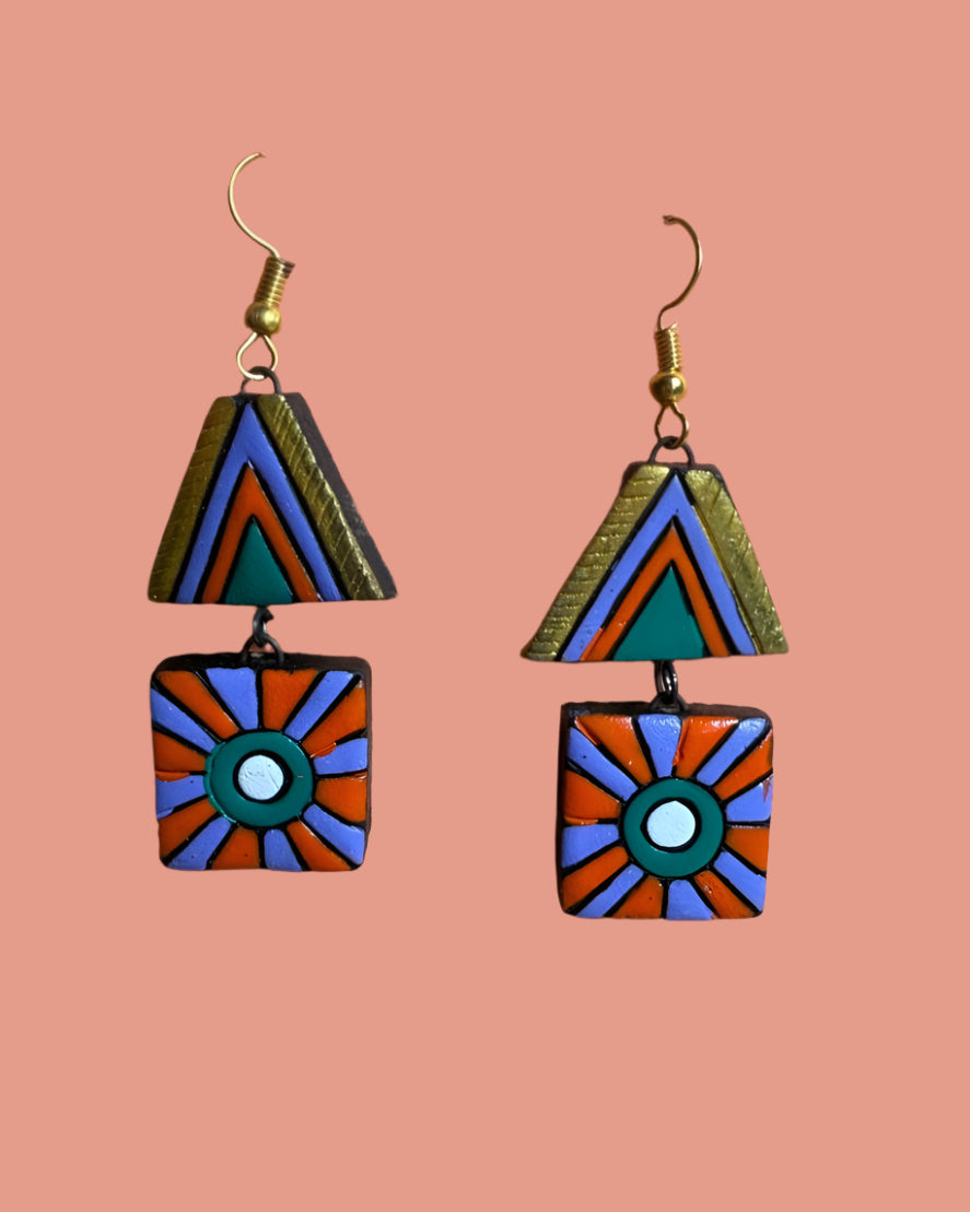 Hand-Painted Geometric Drop Earrings – Tribal Sunburst Design