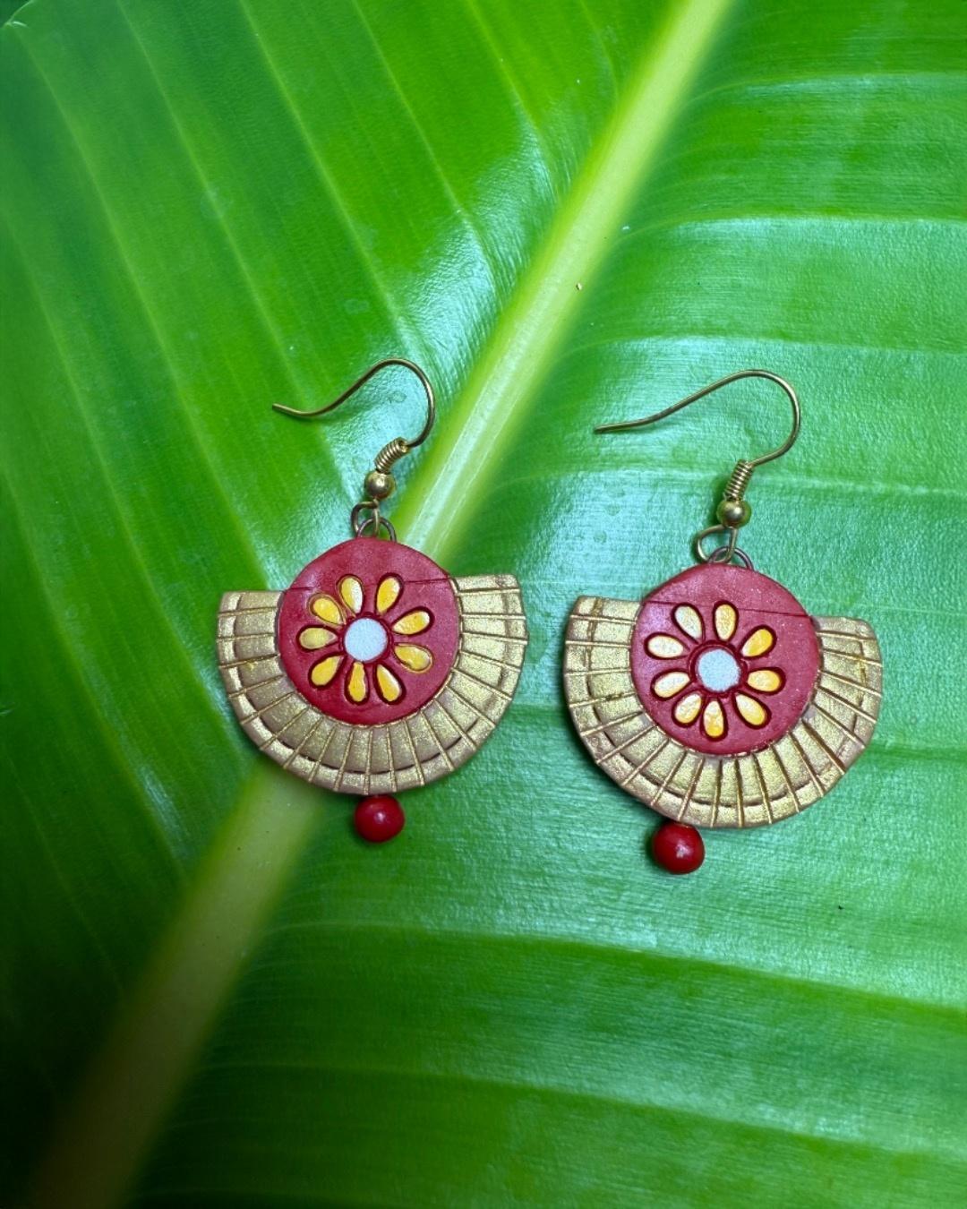 Red & Gold Semi-Circle Sunburst Earrings