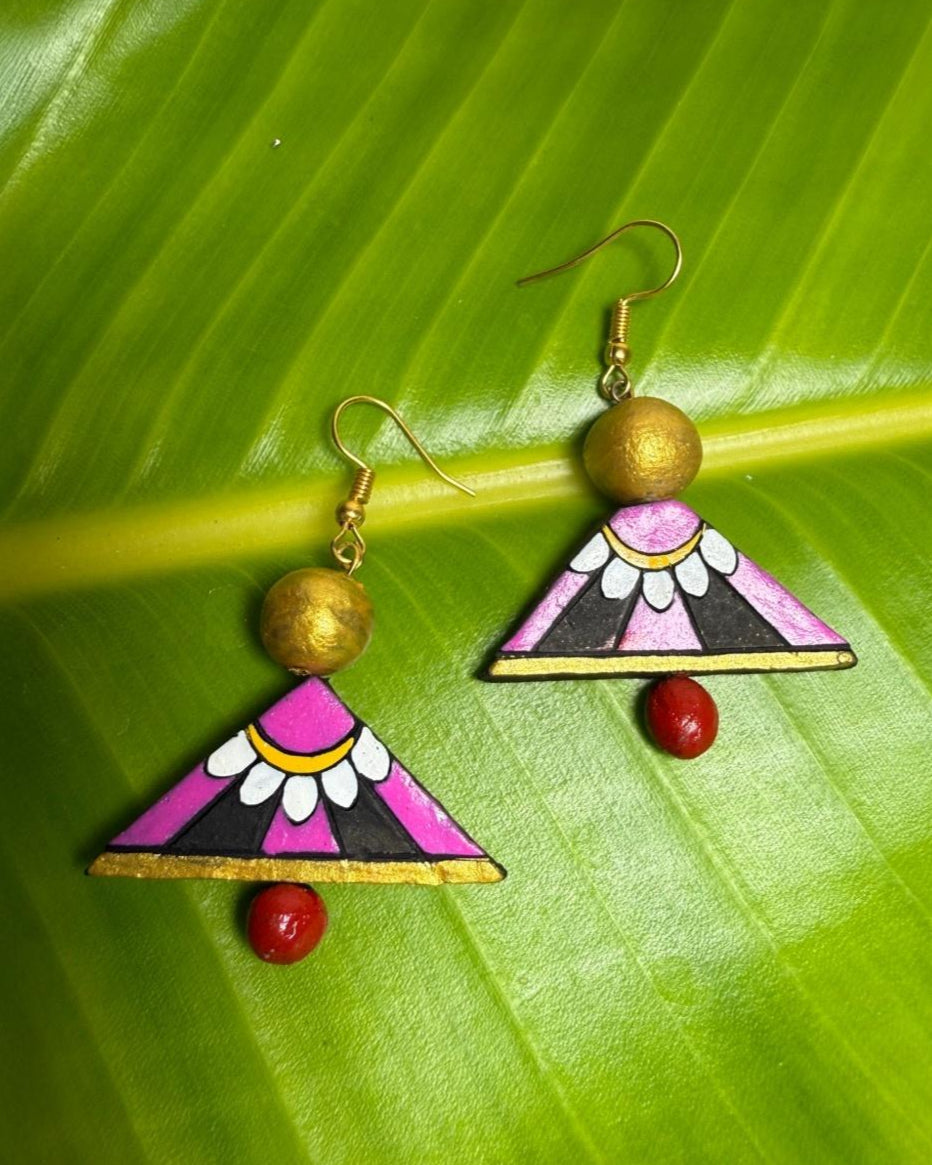 Pink & White Floral Triangle Drop Earrings