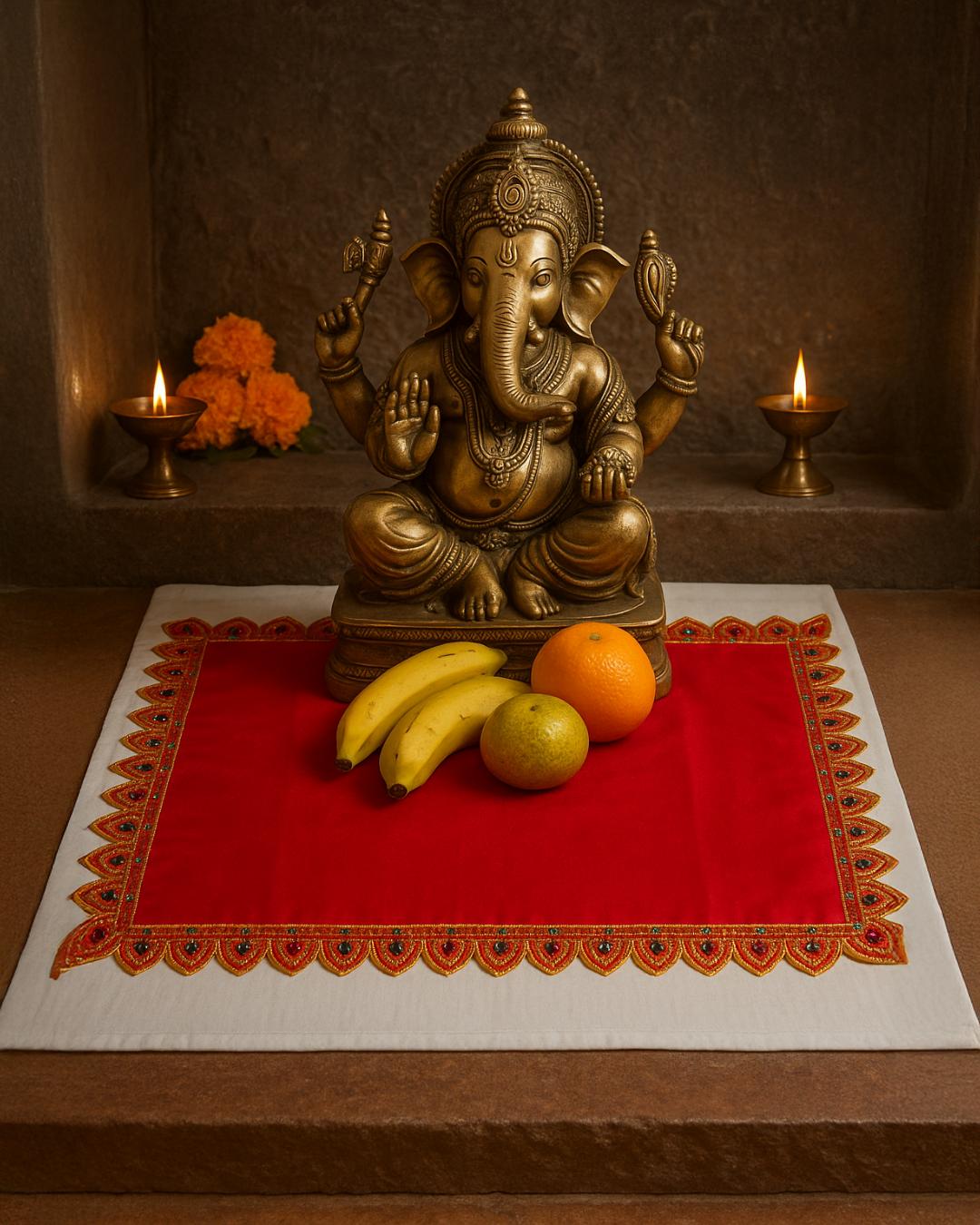 Traditional Orange Pooja Cloth with Golden Embroidered Border