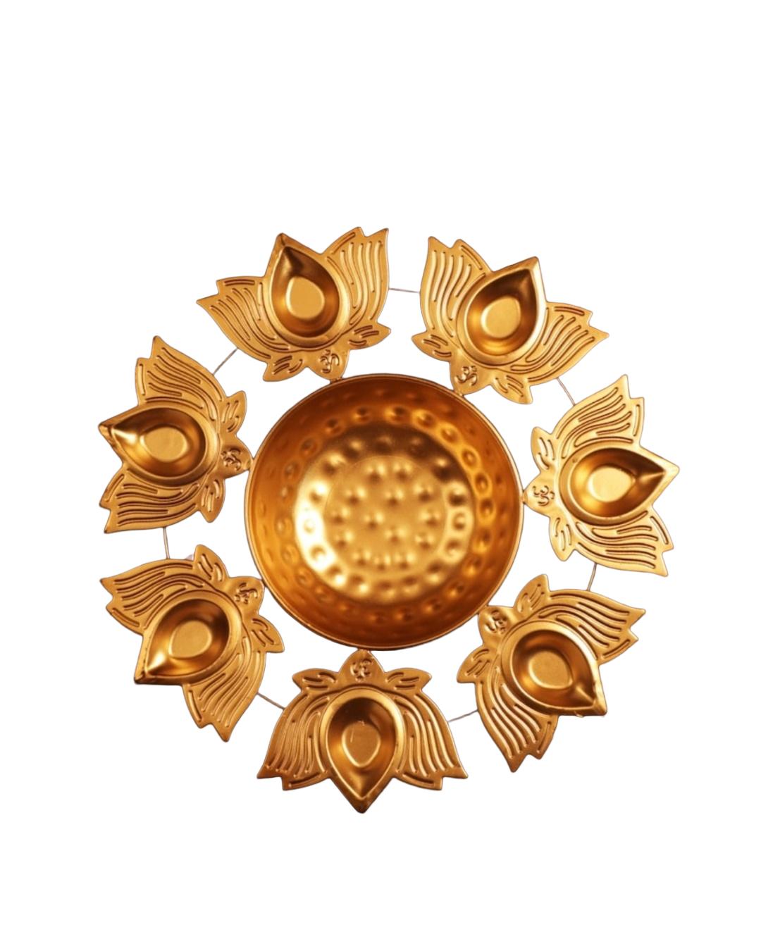 Golden Lotus Iron Diya Set with Central Bowl