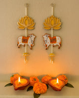 Shubh Labh Hanging Wall Decor with Cow & Lotus Design – Pair of Traditional Indian Door/Wall Hangings