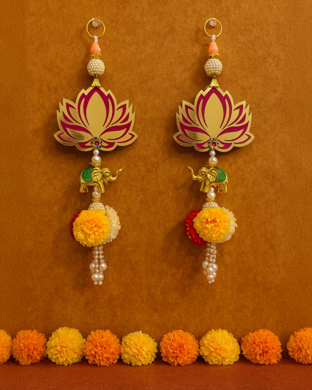 Handcrafted Lotus & Elephant Wall Hanging (Pair) – Traditional Indian Festive Décor