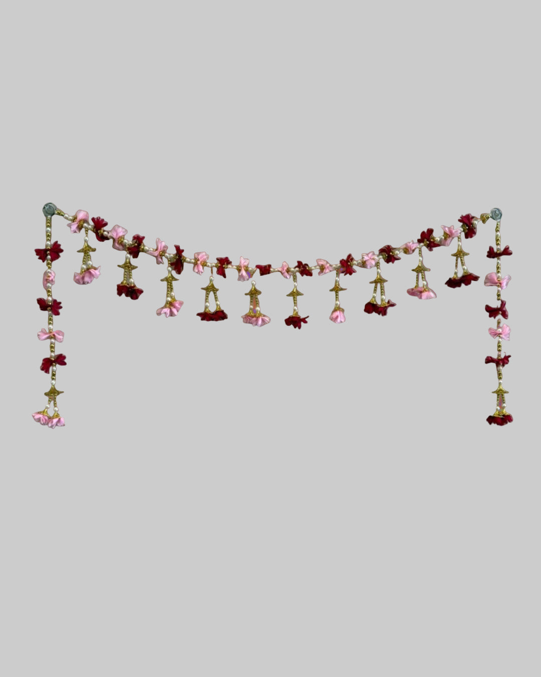 Pink & Red Floral Beaded Toran with Golden Bells