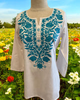 White Cotton Tunic with  Floral Embroidery