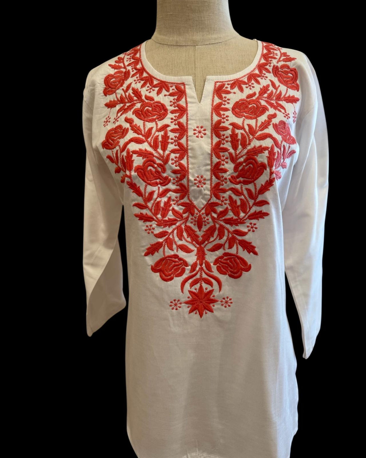 White Cotton Tunic with  Floral Embroidery