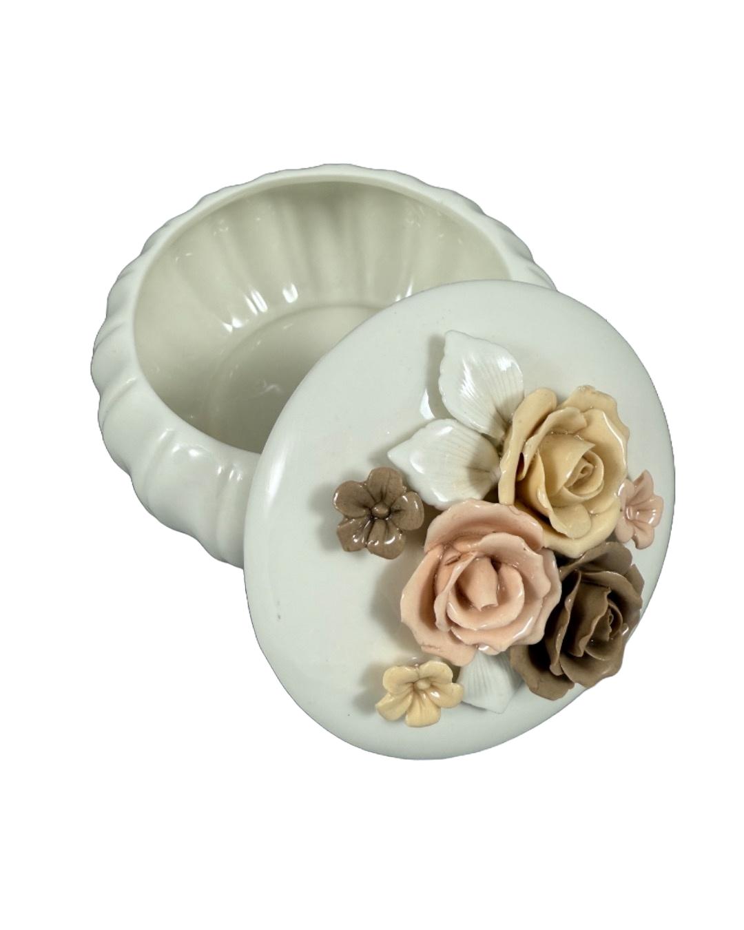 Vintage Porcelain Trinket Box with Floral Lid – Handcrafted Ceramic Rose Design