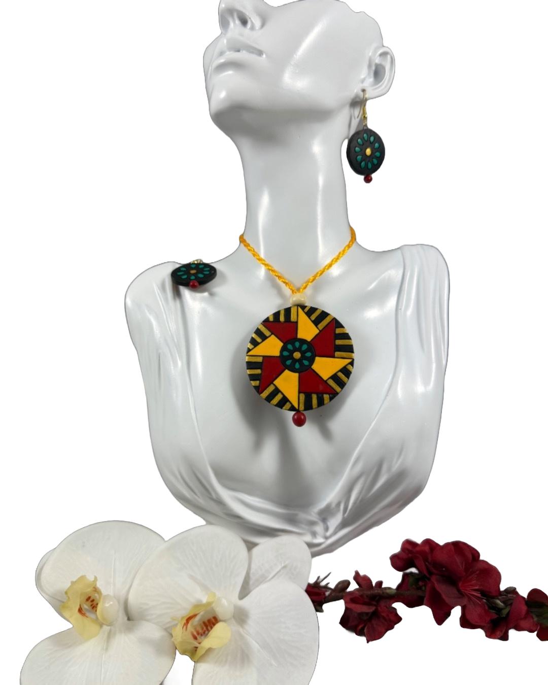 Handcrafted Terracotta Necklace & Earring Set – Tribal Mandala Design