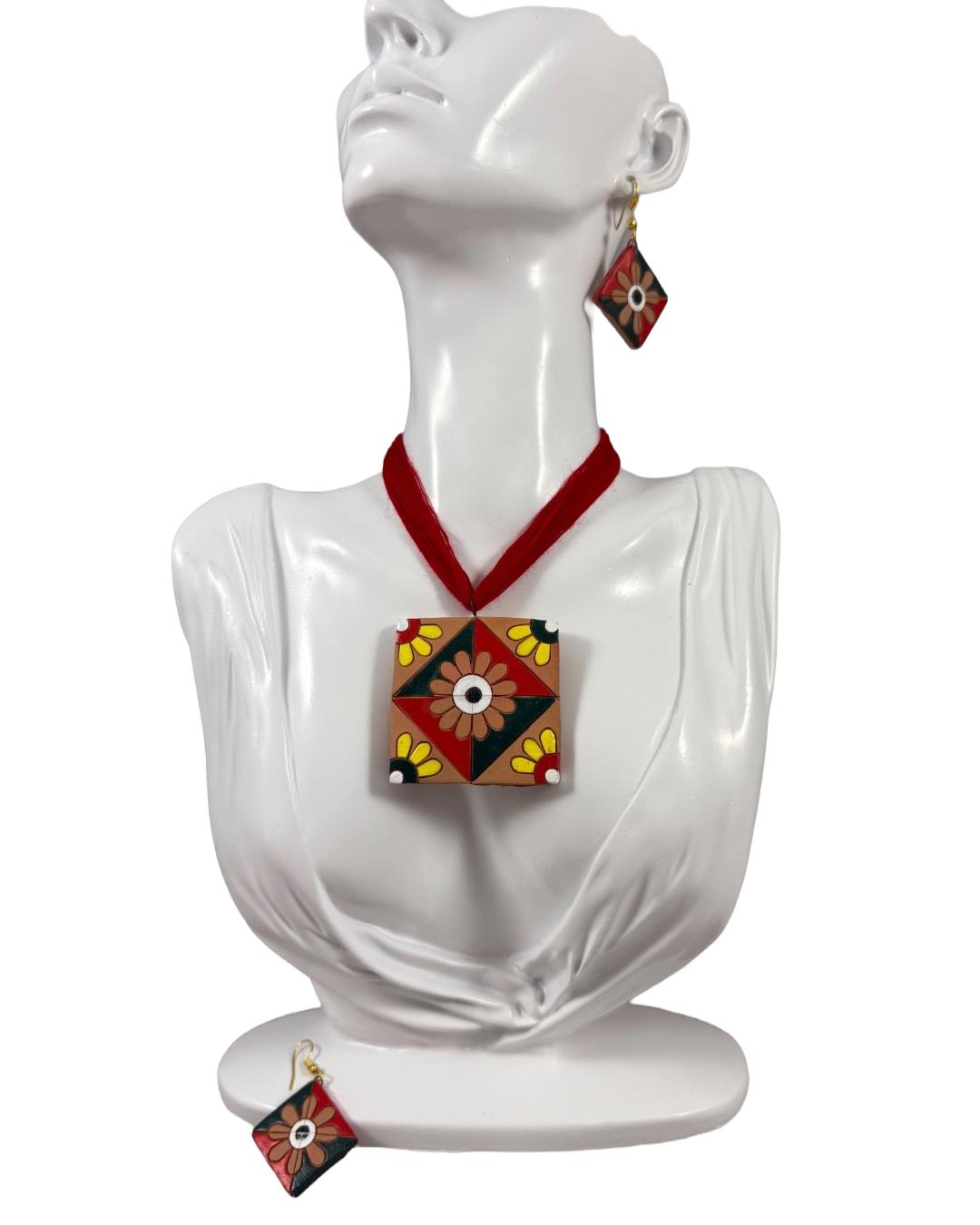 Hand-Painted Terracotta Jewelry Set – Square Floral Design
