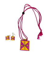 Hand-Painted Terracotta Jewelry Set – Square Floral Pendant with Matching Earring