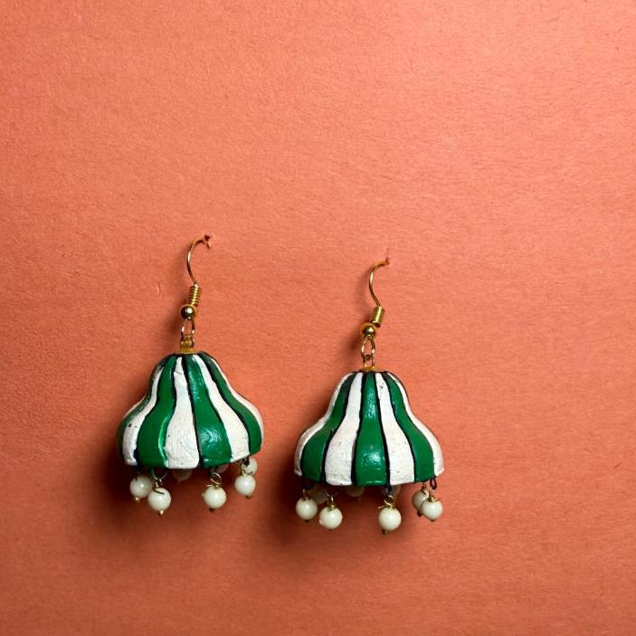 ✨ Handcrafted Terracotta Striped Jhumka Earrings – Ethnic Dome Design with Beaded Danglers ✨