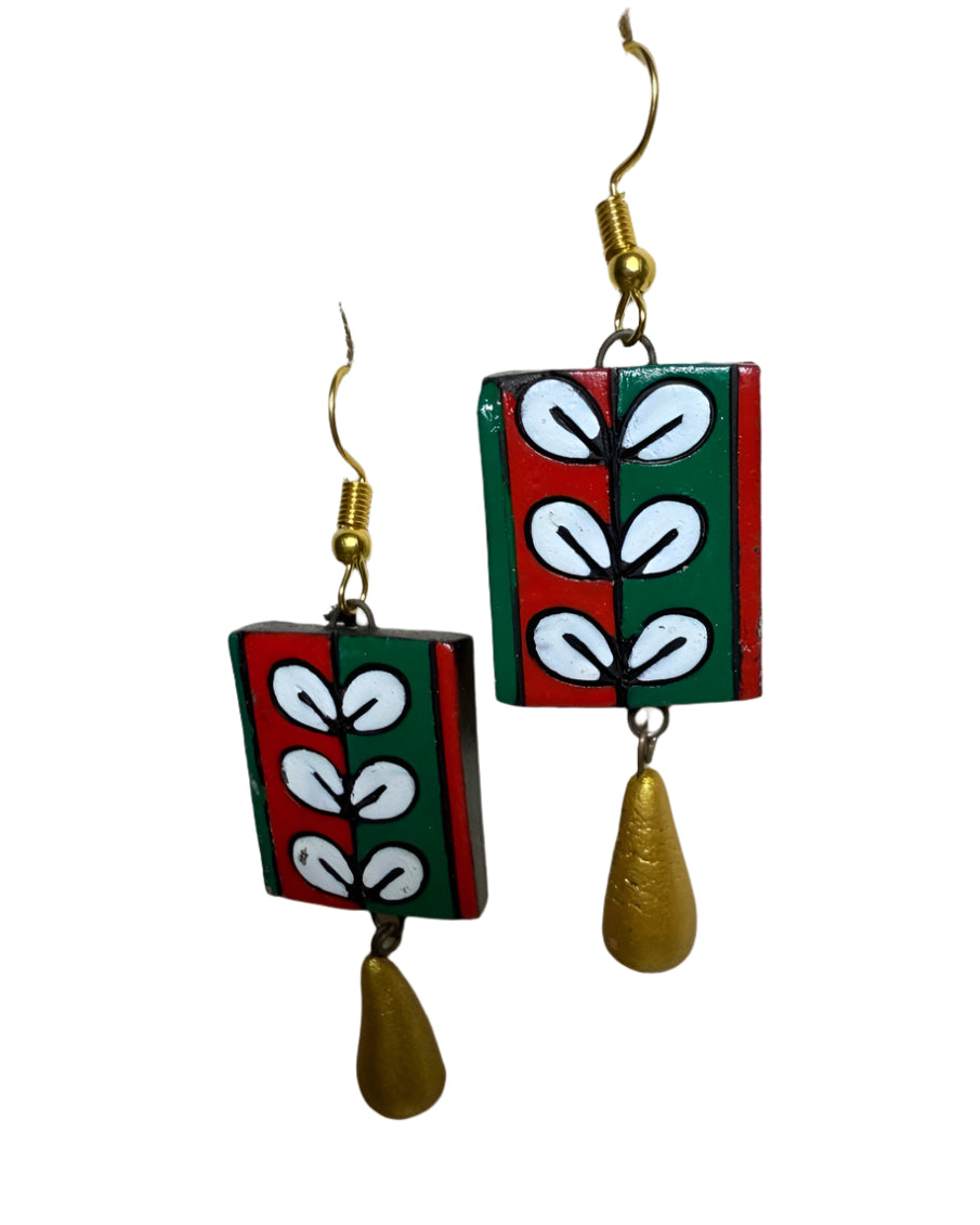 Hand-Painted Rectangular Earrings with Golden Drop Bead